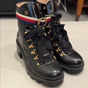 Gucci Black Combat Boots with Gold and Red Accents